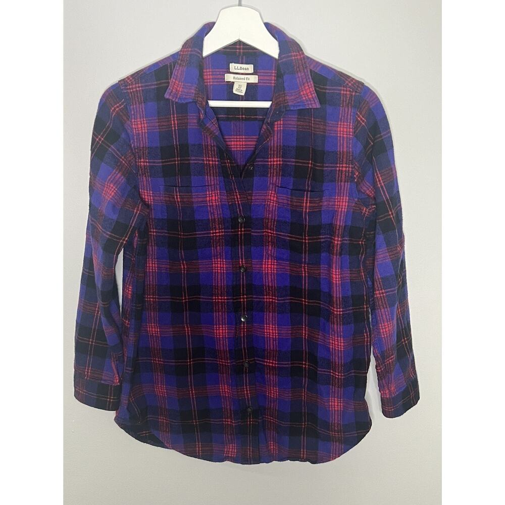 L.L.Bean Scotch Plaid Flannel Shirt Purple Red Size XSP Petite Outdoors Hiking - Picture 8 of 12